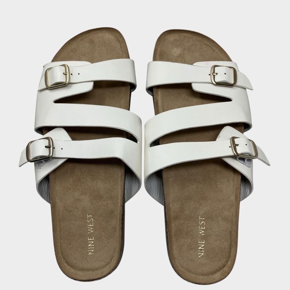 Nine West Double‎ Buckle Sandals 11 White Slip On Comfort Footbed Slides - Picture 2 of 11
